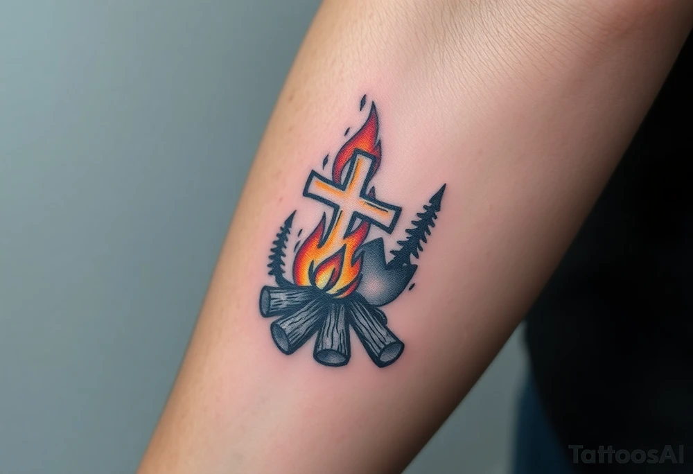 Campfire with cross include the great outdoors and night sky make sure cross doesn't look like it is on fire tattoo idea