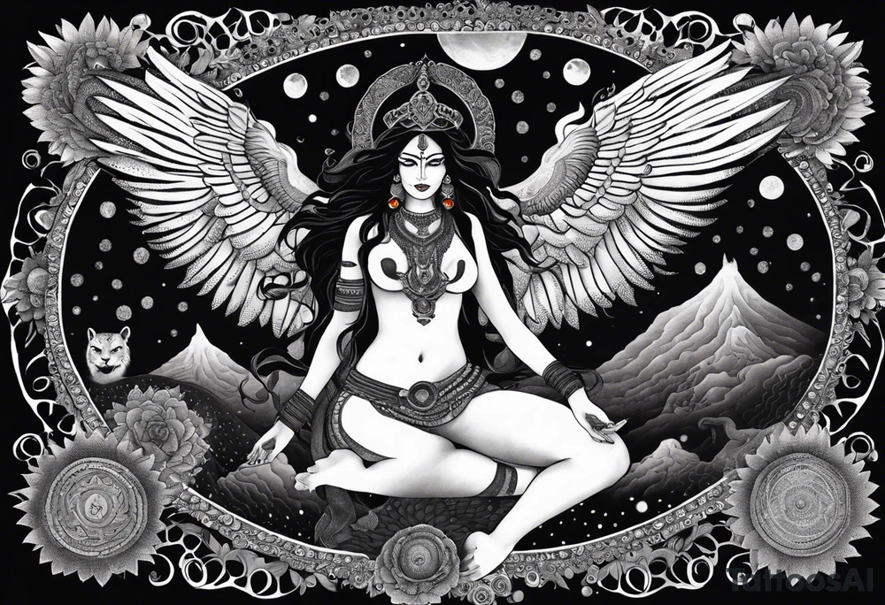 black kali, goddess pirate, alien, angel, pachamama, valkrye, warrior, flying, skull, lotus azul, wing, eagle, zenza resonance, stars, 5D, anahata chakra, death, durga, riding on a tiger, flying lady, kundalini, chest tatoo, samuri, rebel, serpent tattoo idea