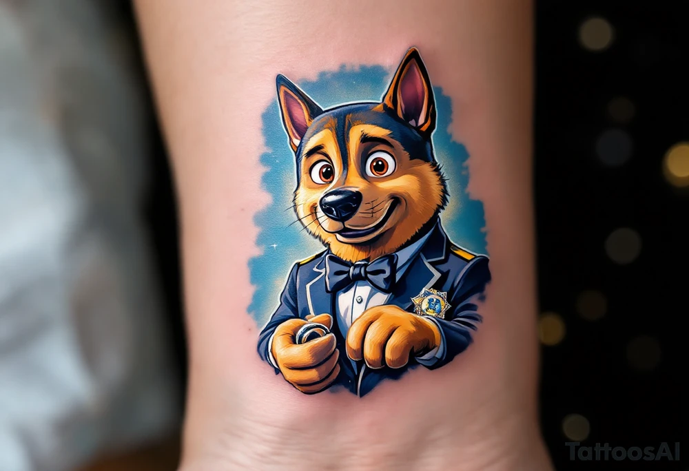 Chase in a suit with a bow tie, holding a wedding ring in his paw, surrounded by a soft blue and gold gradient background. His police badge is detailed with sparkling silver accents, symbolizing protection and loyalty. tattoo idea