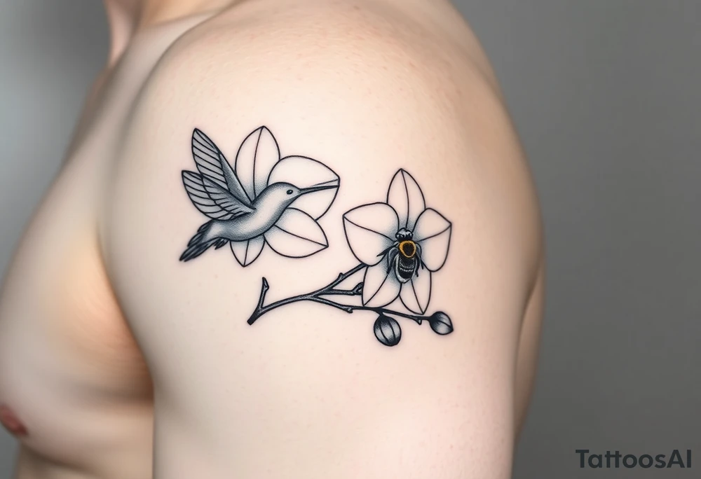A delicate, black and white fine-line tattoo for male, featuring gracefully detailed 2 orchids in full bloom including their stems, with soft, intricate petals and elegant curves. Beside it, a hummingbird hovers mid-flight, its wings drawn with subtle motion lines, its slender beak reaching toward the orchid’s center to drink its nectar. on the other flower there is a bee that is resting tattoo idea