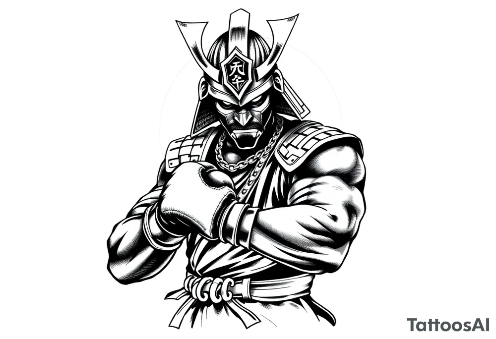 noble samurai warrior silhouette at sunset with boxing gloves tattoo idea