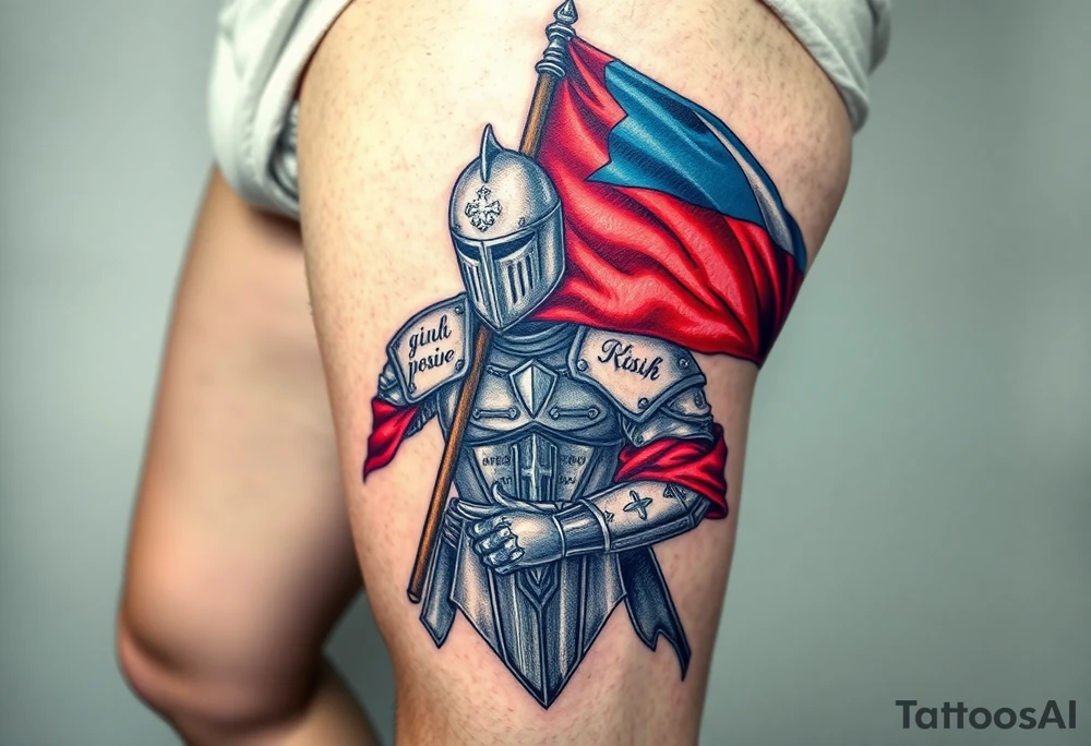 A knight in medieval armor holding a Czech flag, inspired by Hussite warriors, with battle-worn silver and red tones. tattoo idea