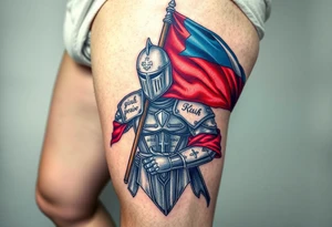 A knight in medieval armor holding a Czech flag, inspired by Hussite warriors, with battle-worn silver and red tones. tattoo idea