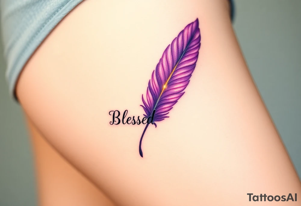 A radiant amethyst purple and gold feather, infused with soft glowing energy, featuring the word "Blessed", symbolizing gratitude for love tattoo idea