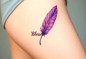 A radiant amethyst purple and gold feather, infused with soft glowing energy, featuring the word "Blessed", symbolizing gratitude for love tattoo idea