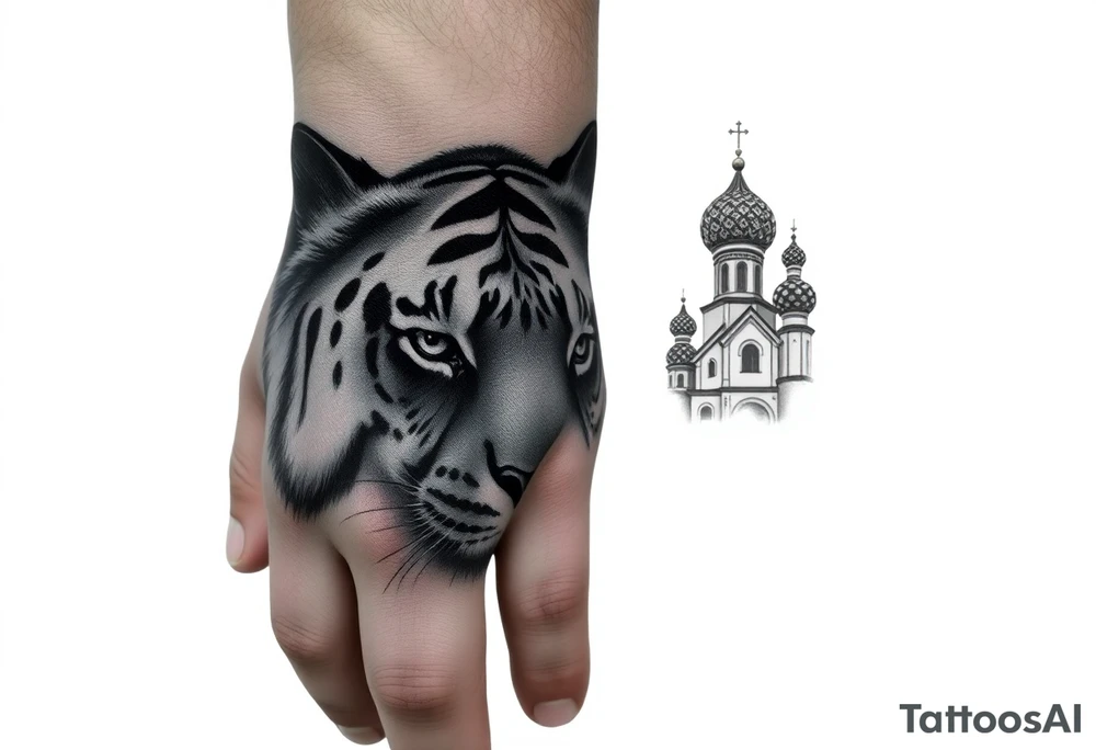 Realistic tiger face on the back of the hand with strong contrast and fine detail with hollow black eyes. with a highly detailed Russian Orthodox cathedral sitting above on fore arm with onion domes and orthodox crosses, done in fine line, engraving-like style. Cohesive composition, black ink only, no color, high contrast, slightly aged, documentary-style, plain light background. with clouds above and a virgin mary tattoo idea