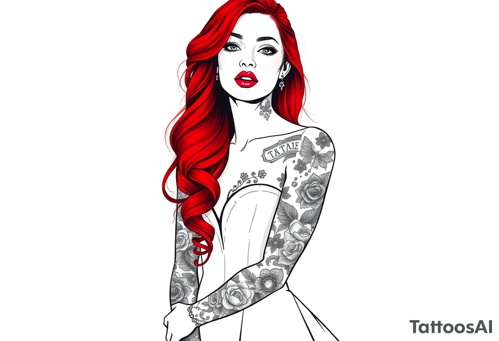 Woman with long red hair and red lipstick with lots of tattoos in her wedding dress tattoo idea
