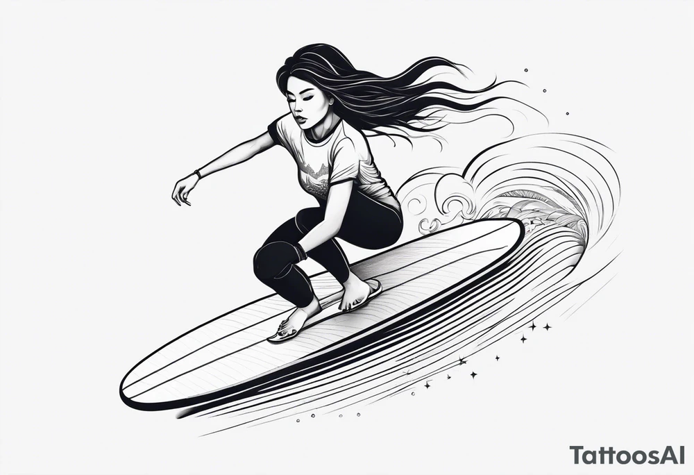 A girl that surfs on a longboard in a very elegant style and it should be very minimalistic and fineline tattoo idea