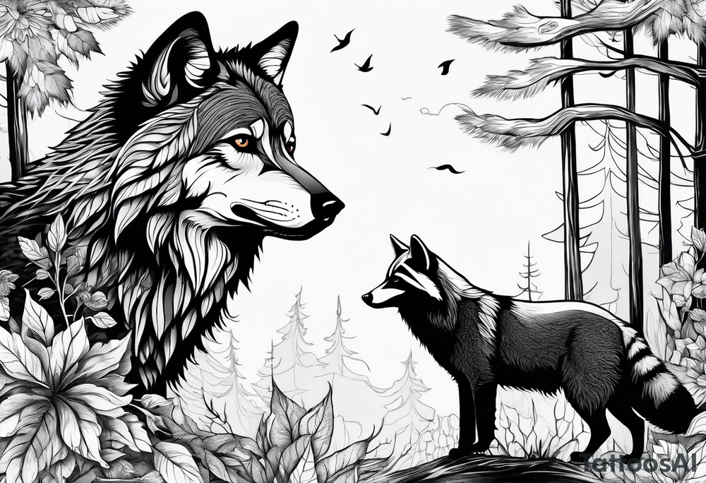 Wolf and raccoon 
Background Woods tattoo idea
