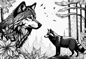 Wolf and raccoon 
Background Woods tattoo idea