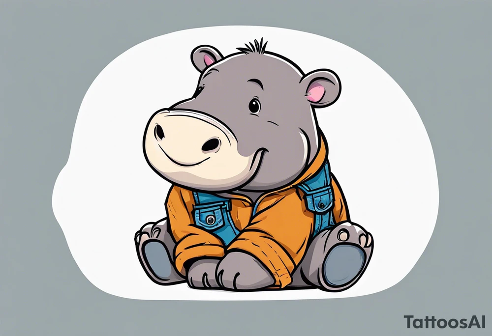 Baby hippo wearing overalls and holding a stuffed moose tattoo idea