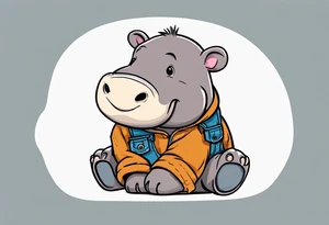 Baby hippo wearing overalls and holding a stuffed moose tattoo idea