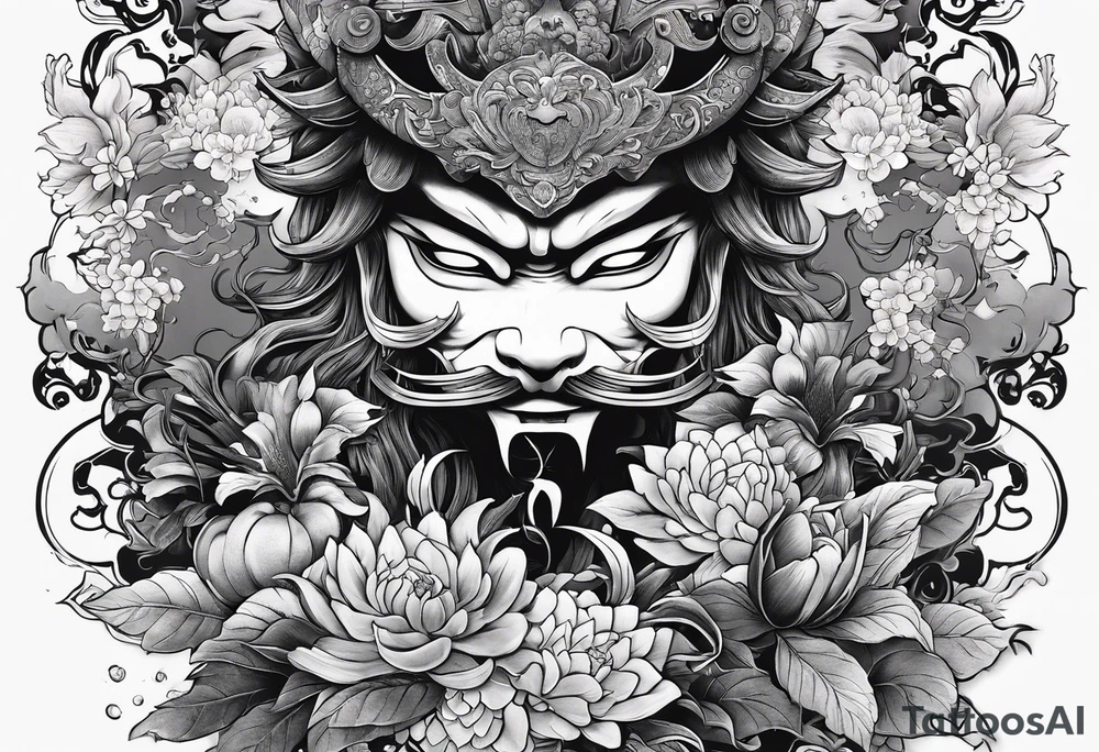 Japanese's Art style of a garden with M3LO in it and  Swords and blood and a Oni mask tattoo idea