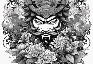 Japanese's Art style of a garden with M3LO in it and  Swords and blood and a Oni mask tattoo idea