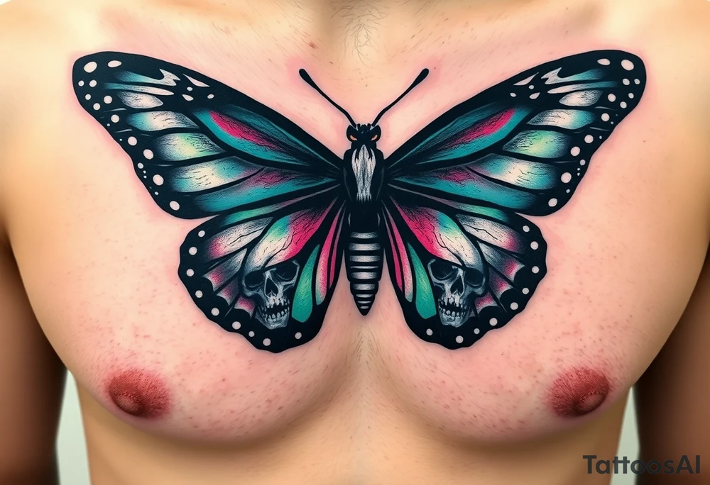 evil powerful majestic and dark monarch butterfly with  graffiti skull detail as the body hidden skulls in wings, skull detail making the body of the butterfly with a horror style effect, including aqua, pink and green colouring
placement on chest at collarbone tattoo idea