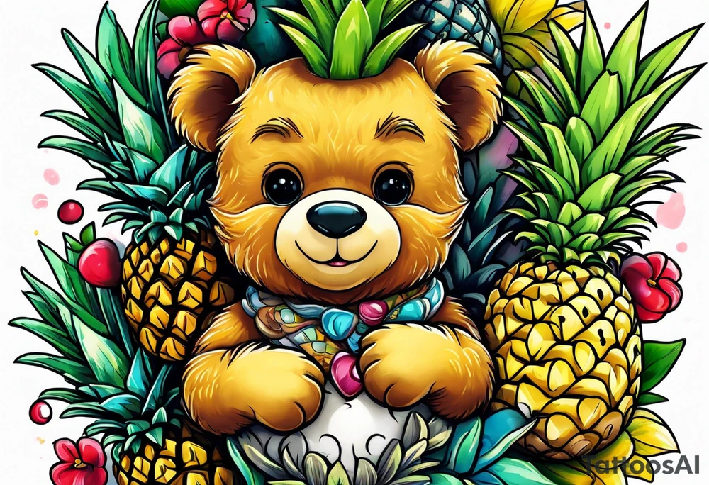 Teddy bear hugging pineapple tattoo idea