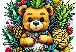 Teddy bear hugging pineapple tattoo idea