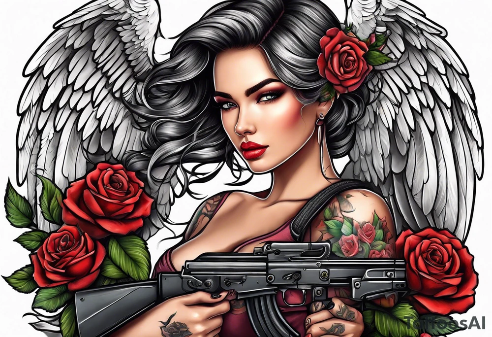 Beautiful woman angle with wings holding a AK 47 surrounded by roses tattoo idea