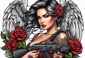 Beautiful woman angle with wings holding a AK 47 surrounded by roses tattoo idea