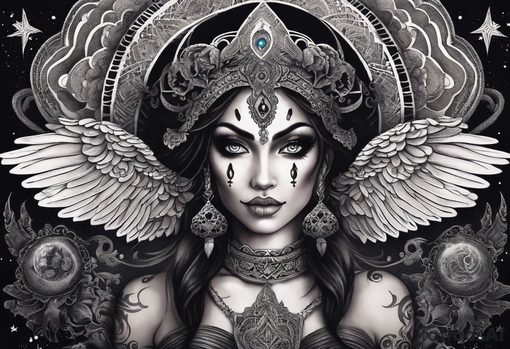 black kali, goddess pirate, alien, angel, pachamama, valkrye, warrior, flying, skull, lotus azul, wing, eagle, zenza resonance, stars, 5D, anahata chakra, death, durga, riding on a tiger, flying lady, chest tatoo tattoo idea