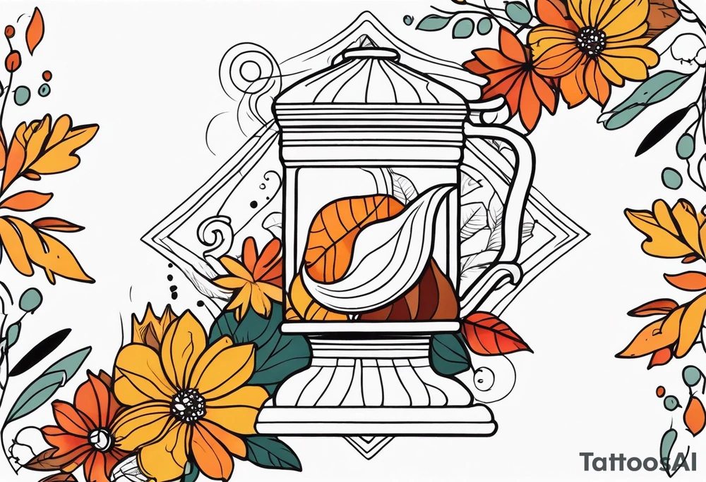 Full arm with fall colors, flowers, water, leaves and various shapes tattoo idea