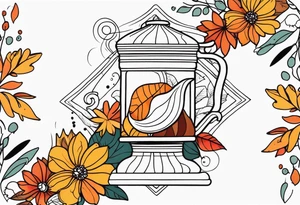 Full arm with fall colors, flowers, water, leaves and various shapes tattoo idea