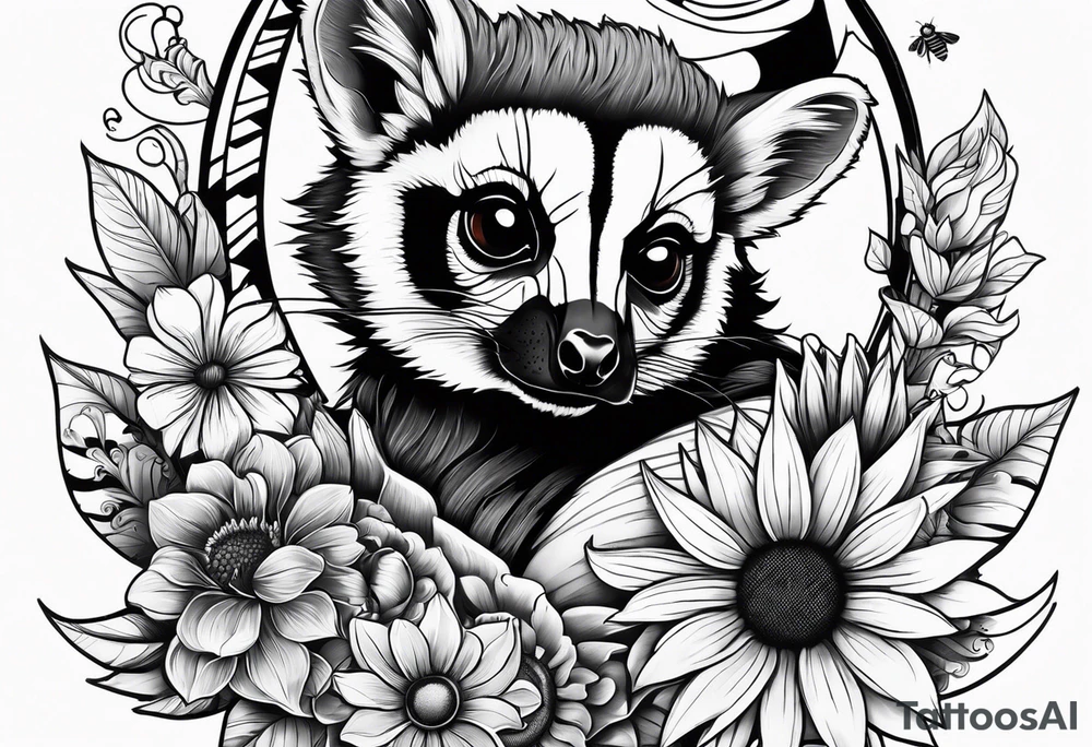 A lemur, a sunflower, and a bumble bee tattoo idea