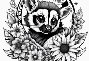 A lemur, a sunflower, and a bumble bee tattoo idea