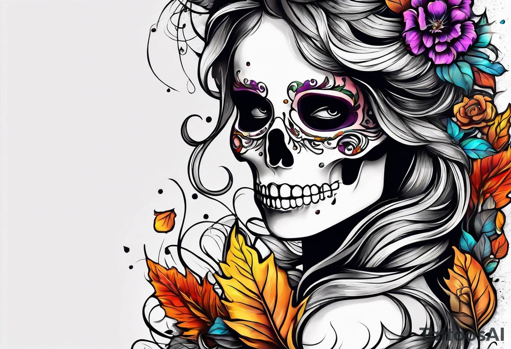 arm sleeve with fall colors, flowers, water flow shapes, leaves and various natural shapes, music notes, skulls tattoo idea