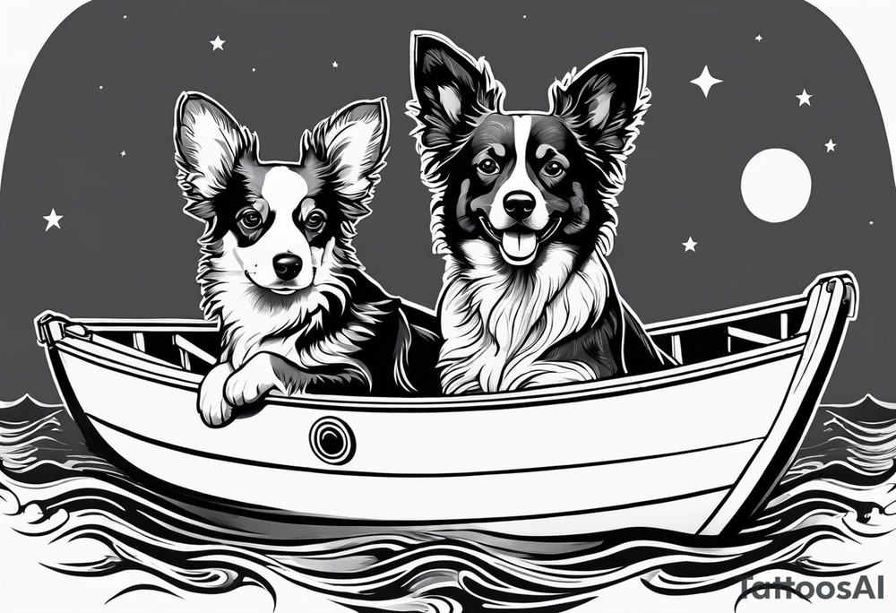 two dogs in a boat. One dog is tan with big ears like a chihuahua. The other dog is black and white and looks like an australian shepherd with floppy ears tattoo idea