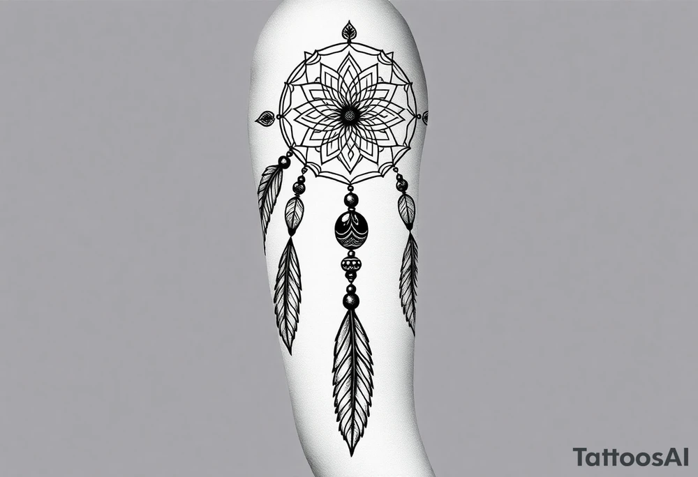 native dreamcatcher with flowing feathers and sacred beads tattoo idea