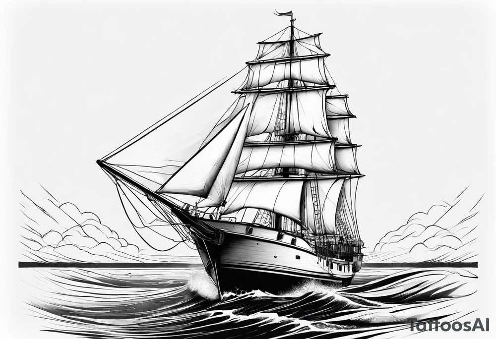 ghost marine lighthouse behind the bow of a sailboat. tattoo idea