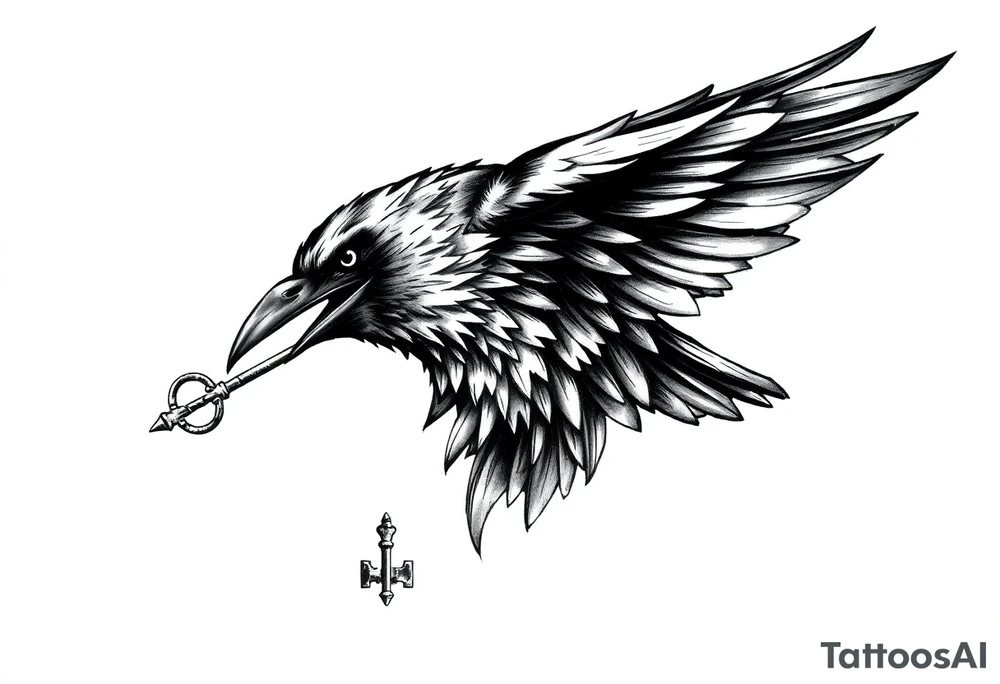 a raven with a key in his beak. tattoo idea