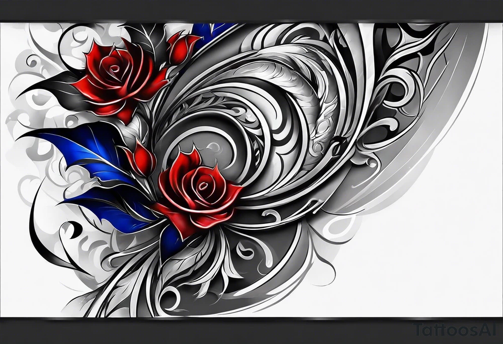 Full Arm sleeve, black, gray, silver, red, royal blue tattoo idea