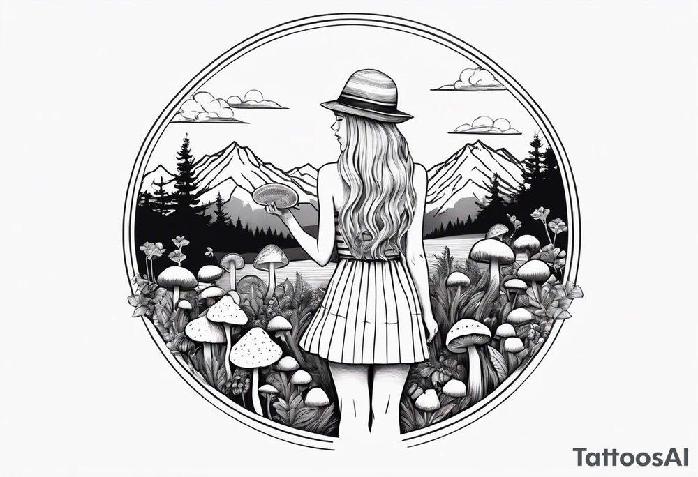 Straight blonde hair girl holding mushrooms in hand facing away toward mountains surrounded by mushrooms circular design black and white striped dress tattoo idea