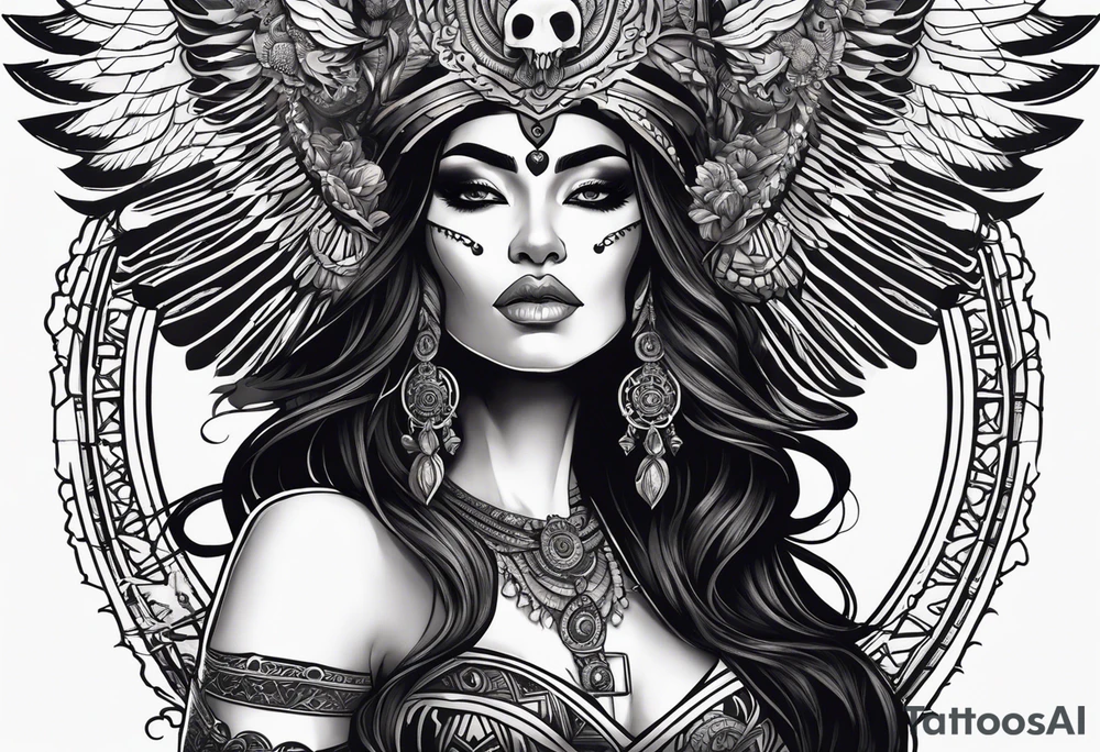 black kali, goddess pirate, alien, pachamama, valkrye, warrior, skull, lotus azul, wing, eagle, zenza resonance, stars, 5D, anahata chakra tattoo idea