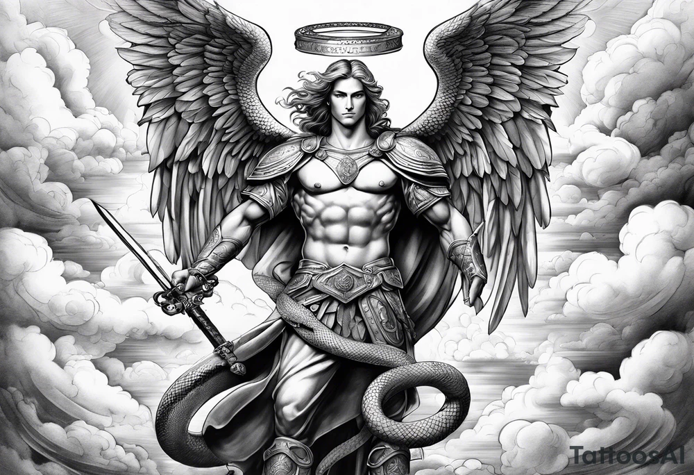 archangel Michael, sword, snake, bible verse, cross, clouds tattoo idea