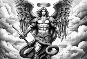 archangel Michael, sword, snake, bible verse, cross, clouds tattoo idea