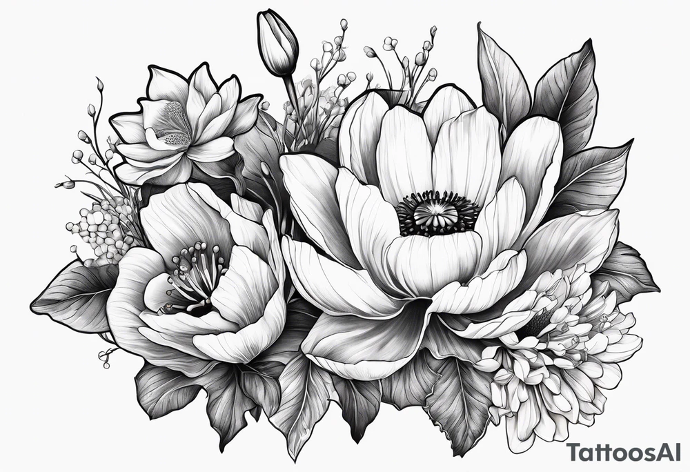Poppy, water lily, Lily of the valley, daffodil, cosmo flower bouquet tattoo idea