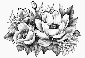 Poppy, water lily, Lily of the valley, daffodil, cosmo flower bouquet tattoo idea