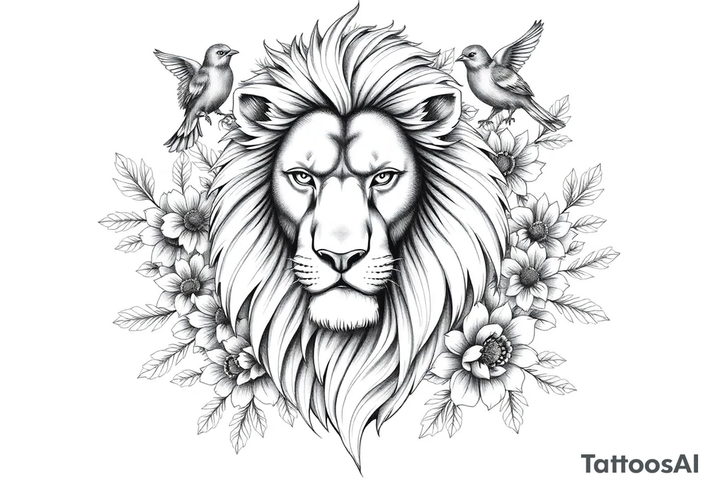 powerful majestic lion with a crown, surrounded by floral ornaments and birds tattoo idea