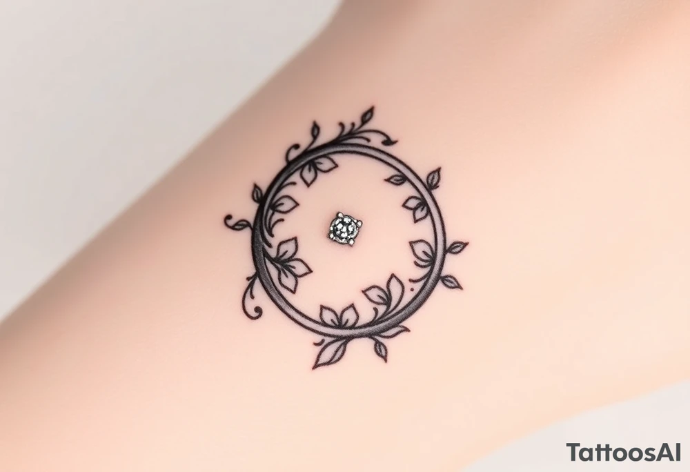 An elegant intertwined wedding ring, with delicate floral engravings and sparkling diamond details, symbolizing eternal love. tattoo idea