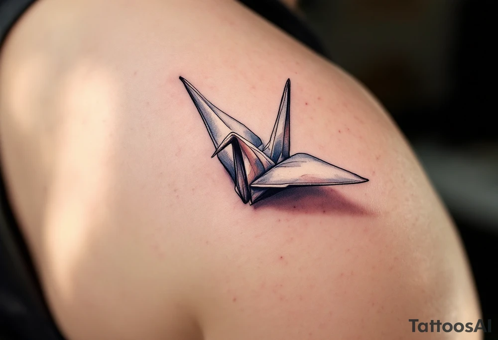 A delicate paper crane folded from pastel watercolor folds, symbolizing peace and free will. tattoo idea