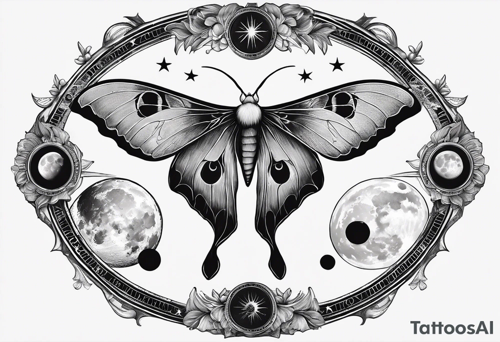 luna moth anatomically correct with five phases of the moon in order under the moth, and the words "carpe noctem" above it in sans serif font tattoo idea