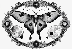 luna moth anatomically correct with five phases of the moon in order under the moth, and the words "carpe noctem" above it in sans serif font tattoo idea