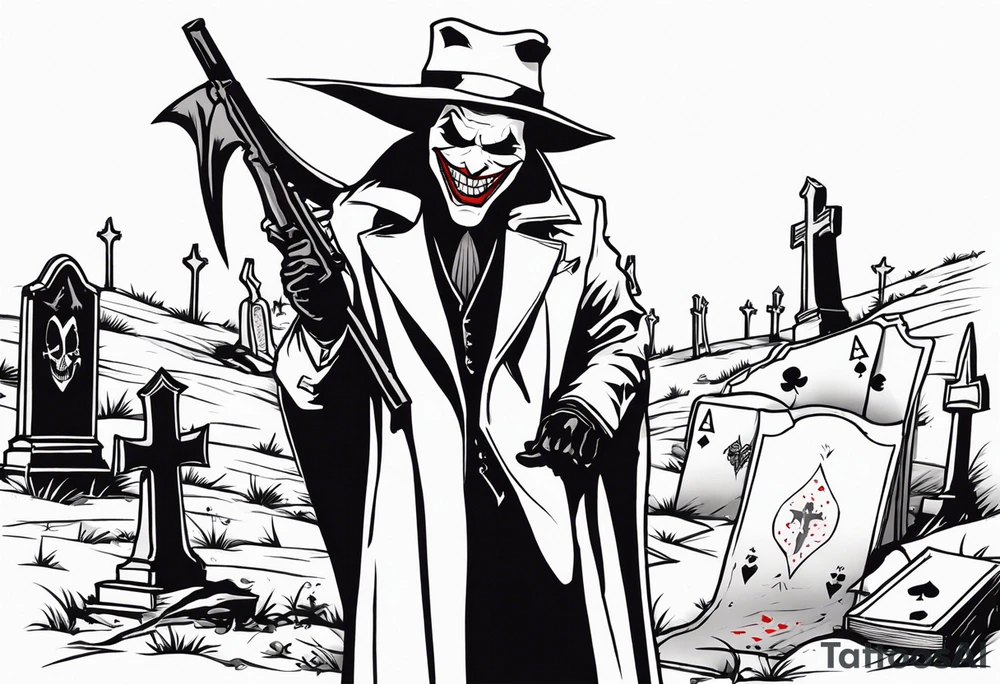 the joker as the grim reaper, shooting a gun and holding the scythe behind his back. He is wearing a suit and trench coat that looks like a cloak. He is standing in a graveyard, but there playing cards as the gravestibes, tattoo idea