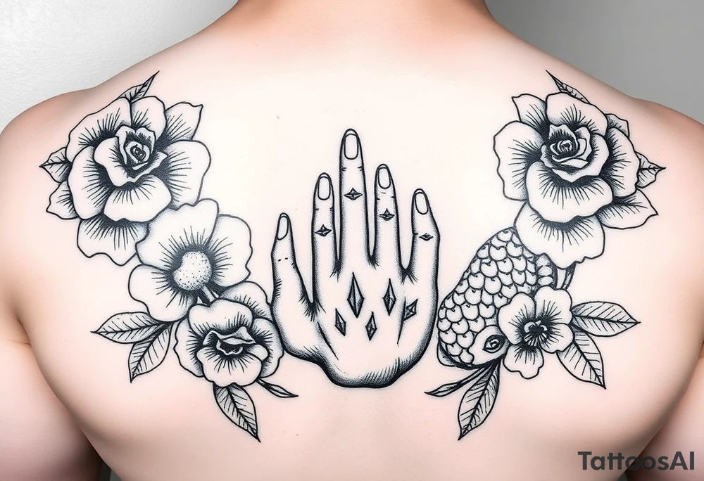 Flowers. Fish coil. 3 hands for children tattoo idea