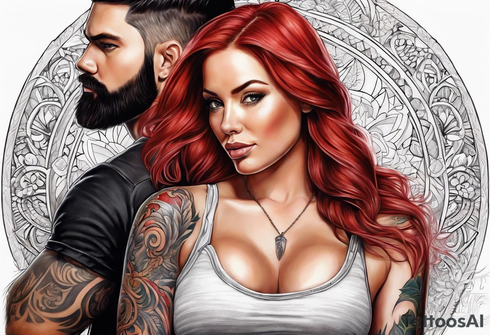 Busty red haired woman with a bearded man who has black hair tattoo idea