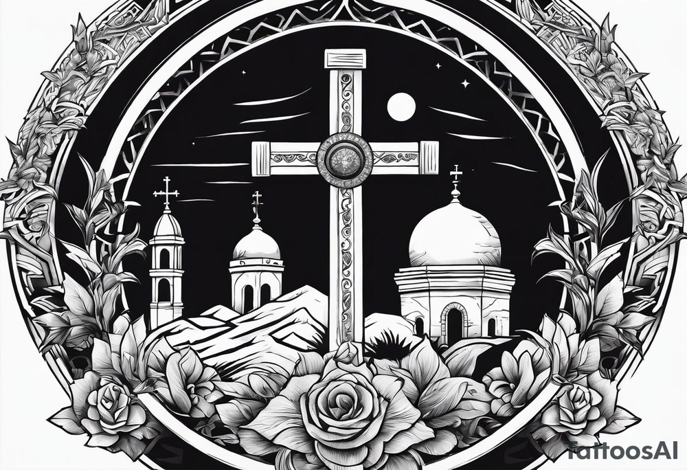 Tomb with cross and sun in the background tattoo idea