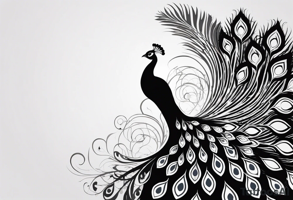 Black and white silhouette illustration of a beautiful peafowl standing gracefully on a branch. The bird’s majestic plumage is shown in a stylized, intricate design, with the tail fanned out in a sweeping arc. The silhouette captures the vivid shape of the bird’s feathers, creating a strong contrast against the minimalist background. The background is composed of simplified tree branches and abstract foliage shapes, evoking the lush forest setting while keeping the focus on the elegance of the peafowl perched delicately on the branch. tattoo idea
